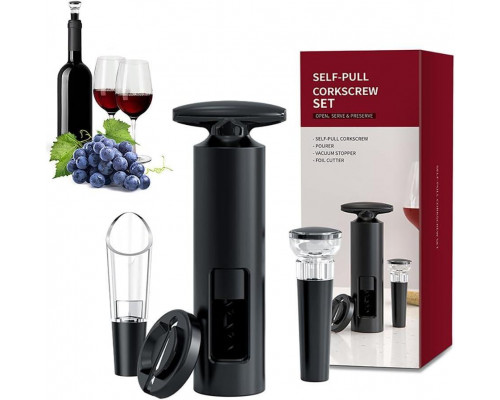 Набір для вина BAR 4в1 механічний штопор/аератор/пробка/ніж для фольги 4 предмети Чорний (C051399)