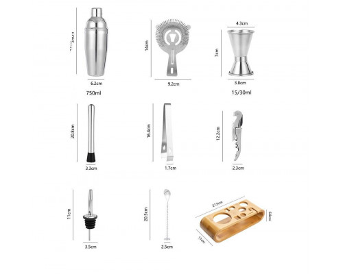 Набір для бару BAR для приготування коктейлів з дерев'яною підставкою 750 мл 10 предметів Сріблястий (C051210)