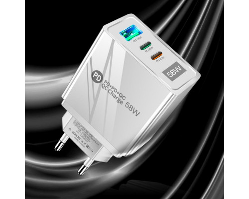 Зарядний пристрій Mirrow USB 2-Type-C Super Charge/Quick Charge 3.0 PD 58W White (FR050841) Зарядний пристрій Mirrow USB 2-Type-C Super Charge/Quick Charge 3.0 PD 58W White (FR050841)