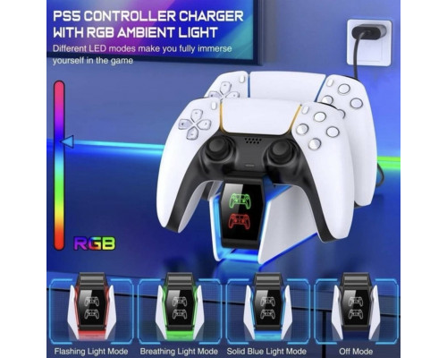 Зарядка для джойстика BebonCool PlayStation 5 PS5 DualSense Dualsense Edge на 2 геймпади з LED RGB Білий Зарядка для джойстика BebonCool PlayStation 5 PS5 DualSense Dualsense Edge на 2 геймпади з LED RGB Білий