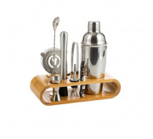 Набір для бару BAR для приготування коктейлів з дерев'яною підставкою 750 мл 10 предметів Сріблястий (C051210)