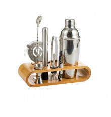 Набір для бару BAR для приготування коктейлів з дерев'яною підставкою 750 мл 10 предметів Сріблястий (C051210)