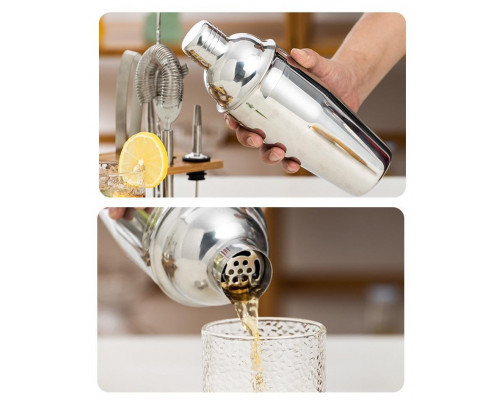 Набір для бару BAR для приготування коктейлів з дерев'яною підставкою 750 мл 10 предметів Сріблястий (C051210)