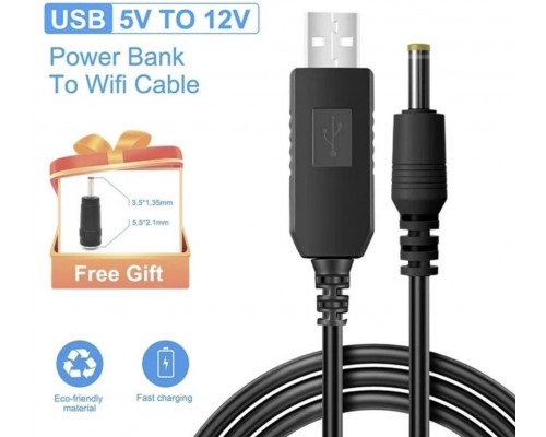 Кабель для роутера USB DC живлення від Power Bank Fonken із трансформатором 12V з перехідником 5.5 - 3.5 мм Чорний Кабель для роутера USB DC живлення від Power Bank Fonken із трансформатором 12V з перехідником 5.5 - 3.5 мм Чорний