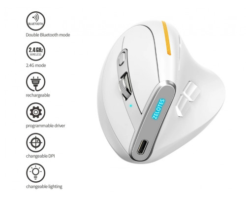 Вертикальна миша бездротова Zelotes F-36 з акумулятором та RGB підсвічуванням 2,4G+Bluetooth White Вертикальна миша бездротова Zelotes F-36 з акумулятором та RGB підсвічуванням 2,4G+Bluetooth White