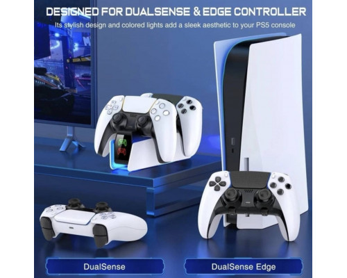 Зарядка для джойстика BebonCool PlayStation 5 PS5 DualSense Dualsense Edge на 2 геймпади з LED RGB Білий Зарядка для джойстика BebonCool PlayStation 5 PS5 DualSense Dualsense Edge на 2 геймпади з LED RGB Білий