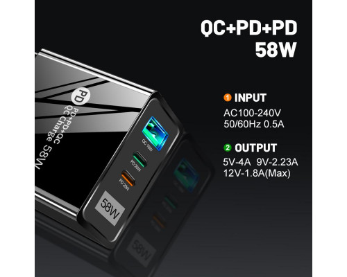 Зарядний пристрій Mirrow USB 2-Type-C Super Charge/Quick Charge 3.0 PD 58W Black (FR050840)