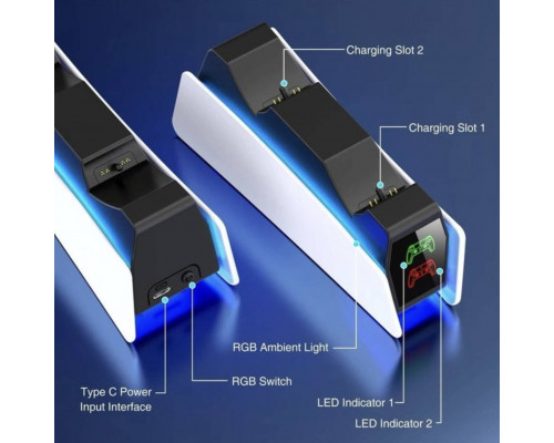 Зарядка для джойстика BebonCool PlayStation 5 PS5 DualSense Dualsense Edge на 2 геймпади з LED RGB Білий Зарядка для джойстика BebonCool PlayStation 5 PS5 DualSense Dualsense Edge на 2 геймпади з LED RGB Білий