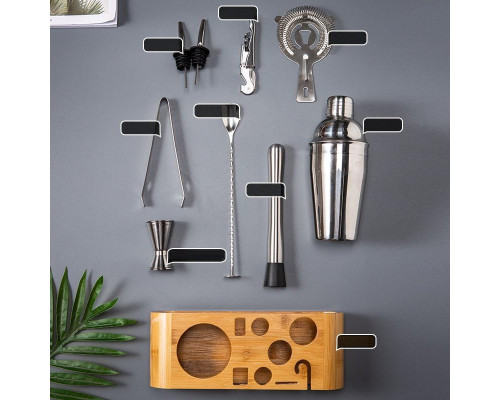 Набір для бару BAR для приготування коктейлів з дерев'яною підставкою 750 мл 10 предметів Сріблястий (C051210)