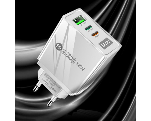Зарядний пристрій Mirrow USB 2-Type-C Super Charge/Quick Charge 3.0 PD 58W White (FR050841) Зарядний пристрій Mirrow USB 2-Type-C Super Charge/Quick Charge 3.0 PD 58W White (FR050841)