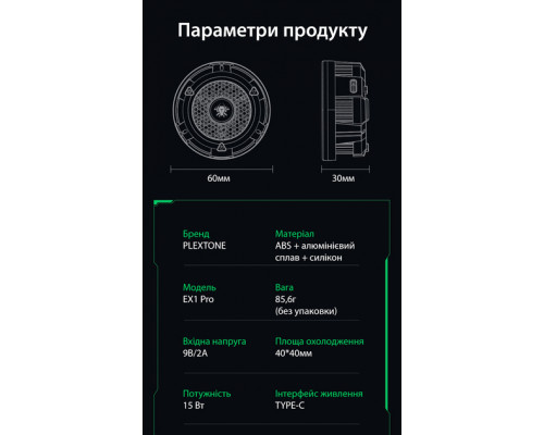 Магнітний напівпровідниковий радіатор-вентилятор активне охолодження Plextone EX1 PRO та напальчники MEMO pro Магнітний напівпровідниковий радіатор-вентилятор активне охолодження Plextone EX1 PRO та напальчники MEMO pro