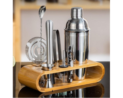 Набір для бару BAR для приготування коктейлів з дерев'яною підставкою 750 мл 10 предметів Сріблястий (C051210)